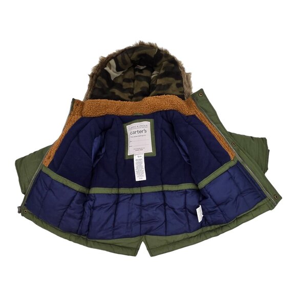Carters Parka Jacket 18M Sherpa Lined Hooded Olive Green Faux Fur Trim NWT - Picture 4 of 15